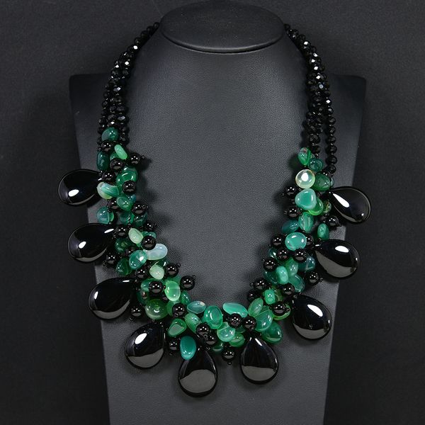 

20" 3 rows natural green agate black onyx crystal necklace muti strands necklace handmade lady gifts, Silver