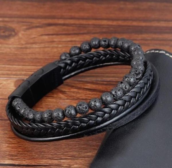 

classic multilayer leather woven natural stone frosted stonevolcanic beaded magnetic buckle bracelets for men bangle8762071, Black