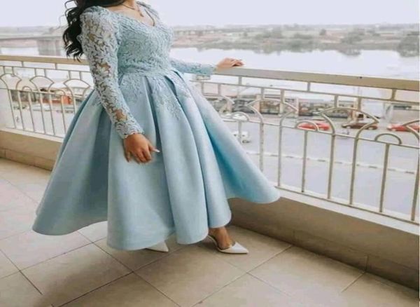 

ankle length long sleeve prom dresses 2022 lace appliques satin formal evening gowns girls homecoming dress deep vneck special oc4635370, Black