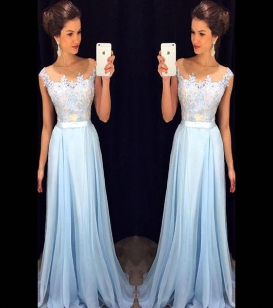 

2018 elegant light sky blue prom dresses sheer neck cap sleeves appliqued chiffon floor length formal dresses modest evening gowns1582165, Black