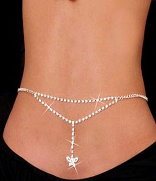 

rhinestone butterfly belly chain silver body jewelry for women beach bikini cystal waist chain lower back chain8264707
