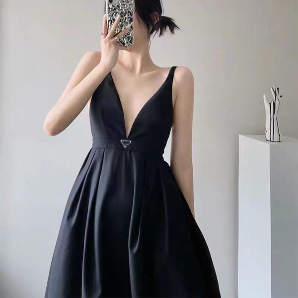 

pa23ss new designer casual dresses for women fashion big v-neck design halter dress evening dress, Black