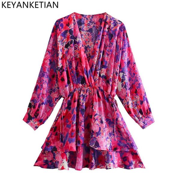 

basic casual dresses keyanketian women fashion v neck floral print double layer ruffles a line mini shirt dress female chic loose lace up la, Black;gray