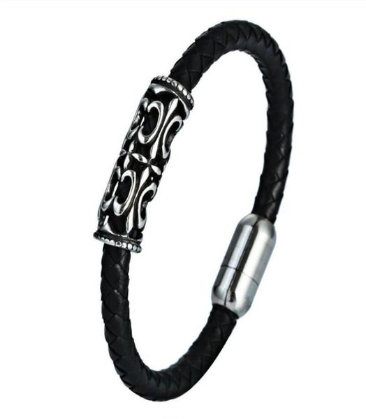 

titanium steel magnetic buckle leather bracelet braided rope stainless casting scout pattern bangle3599035, Black