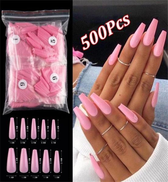 

500pcs colorful false nails long ballerina coffin shape uv shiny extra long full wrap solid color ballerina nails7766631, Red;gold