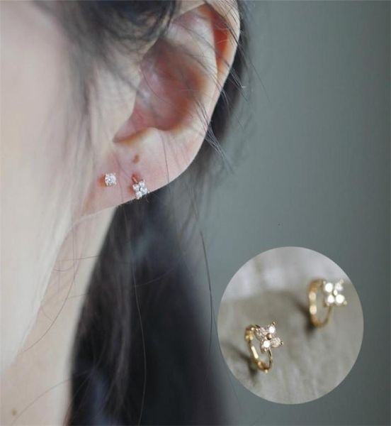 

hoop huggie goldtutu customized mini four leaf small flower earring pure 9k gold zircon temperament simple ear buckle 2211117390592, Golden;silver