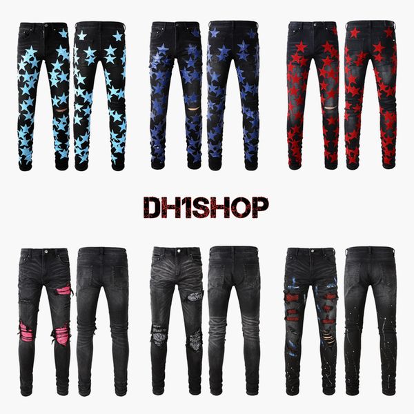 

craftsmanship mens jeans amr designers pants ripped jeans mens broken holes skinny jeans fashion slim pants size 28-40, Blue