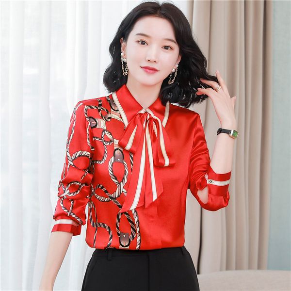 

2023 fashion print silk women red shirt luxury designer lapel ribbon tie up bow graceful blouses long sleeve lady back to school satin blous, White