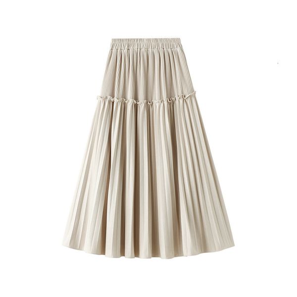 

two piece dress winter long pleated skirts womens autumn young preppy style elastic high waist ruched ruffles basic suede faldas black skirt, White