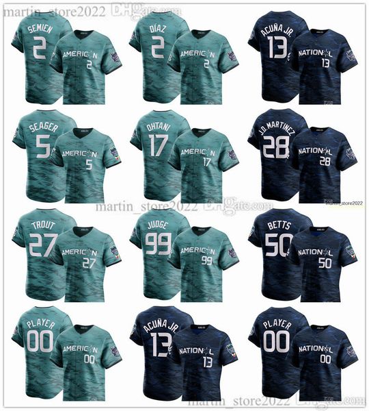 

2023 all-star baseball jerseys 99 aaron judge 17 shohei ohtani mike trout yandy diaz marcus semien ken griffey corey seager 13 ronald acuna, Blue;black