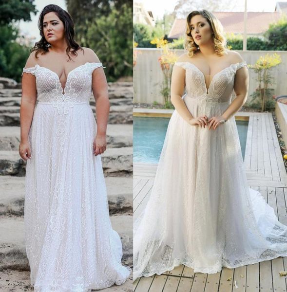 

2020 new arrival wedding gowns lace applique sleeveless plus size wedding dresses a line sweep train zipper off shoulder tulle bri1572190, White
