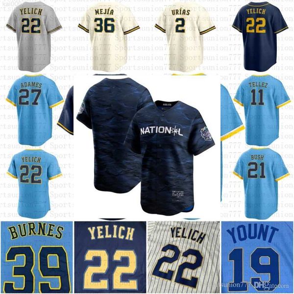 

2023 all-star city men women youth milwaukee 22 christian yelich 28 joey wiemer 2 luis urias 0 brice turang brewers baseball jersey, Blue;black