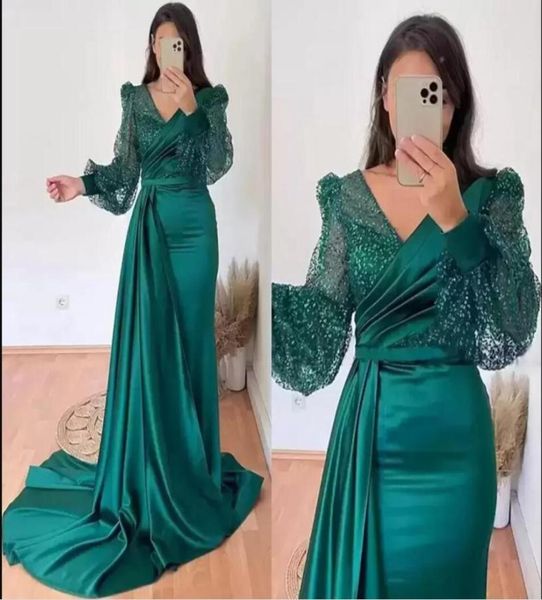 

sparkly plus size dark green mermaid evening dresses long poet sleeves v neck sequins prom party gown vestidos sain formal occasio8176607, Black;red