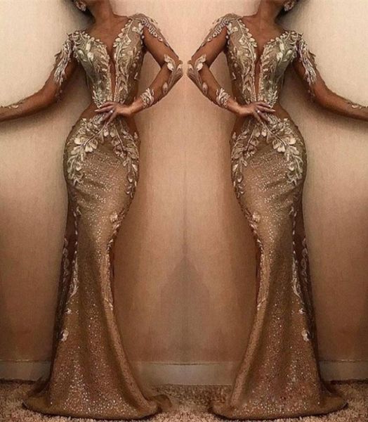 

sparkly gold sequined mermaid evening dresses sheer plunging neck long sleeves plus size prom gowns sweep train appliqued formal d7564741, Black;red