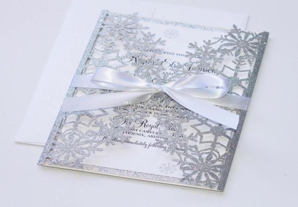 

luxury silver wedding invitation snowflake laser cut invitation elegant hollow wedding party invitations with white bow 8647016, Black