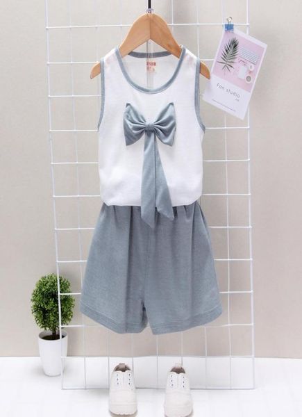 

summer children casual clothes suit cute baby girls beautiful bow vest shorts 2pcsset toddler cotton clothing infant tracksuits3408604, White