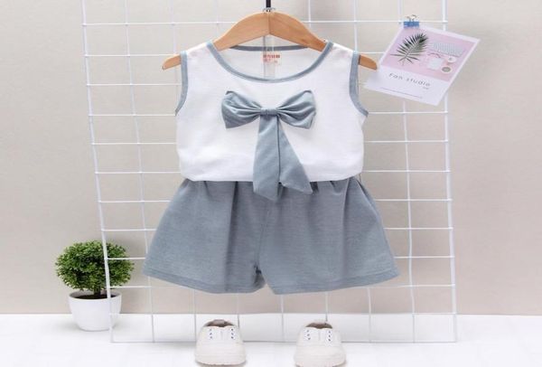 

summer children casual clothes suit cute baby girls beautiful bow vest shorts 2pcsset toddler cotton clothing infant tracksuits9224992, White
