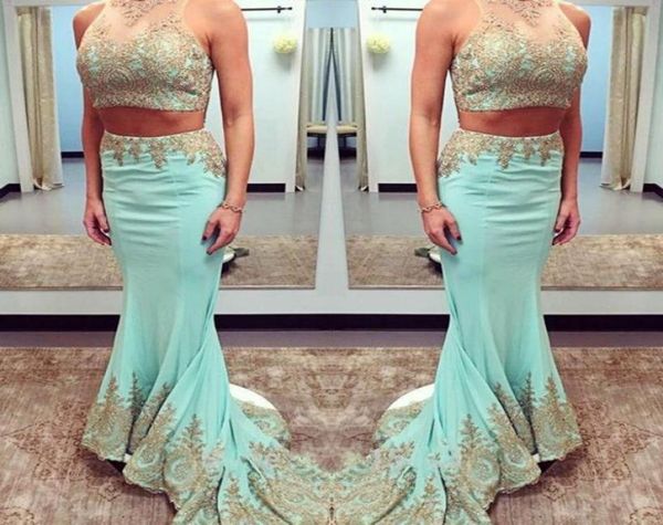 

two pieces dresses party evening gowns sheer neck gold applique mermiad prom dresses sweep train satin celebrity formal homecoming5293987, Black