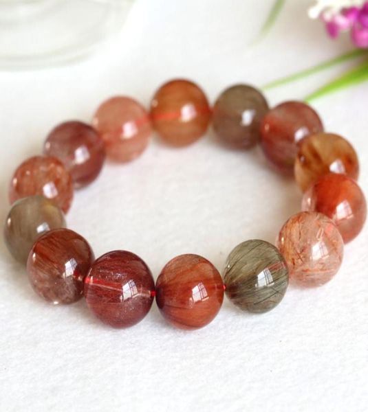 

genuine natural rainbow red green yellow orange hair rutile quartz stretch men bracelet round loose big beads 16mm 047992362, Crystal