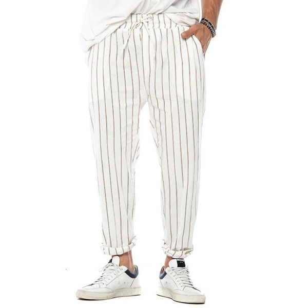 

men's pants 2023 cross border vertical stripe cotton hemp straight tube loose fashion casual 230630, Black