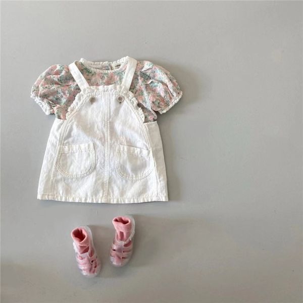 

kids shirts 2655b girl clothes korean summer children's girls denim bib skirt floral short sleeve shirt sweet 230630, White;black