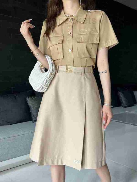

two piece dress designer letter embroidered polo neck short sleeve shirt for women a-line belt skirt advanced sense set workwear style ekzn, White
