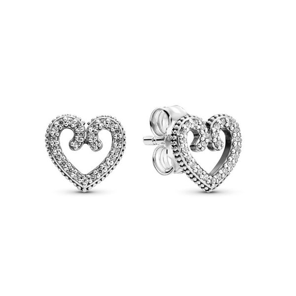 

heart swirl stud earrings for pandora real 925 sterling silver wedding party earring set designer jewelry for women girls luxury love earrin, Golden;silver