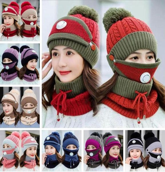 

winter hats masks scarf set knitted beanies with valve maks scarf women wool pompon casual hat sets party hats neckerchiefs suppli4090199, Yellow