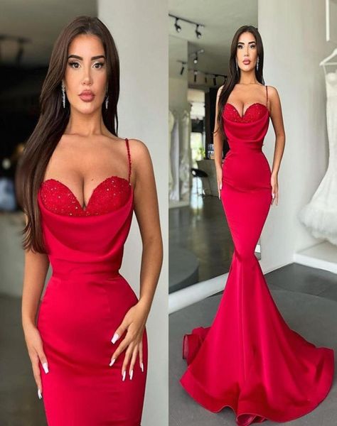 

red evening dresses mermaid spaghetti straps backless long satin prom gowns beaded sweetheart party occasion bridesmaids dres3427687, Black;red