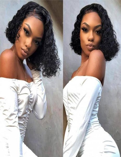 

short water curly lace front wig brazilian brizill hair with baby hairs remy curl bob pre plucked for black women 8 10 12 14inch6845095, Black;brown