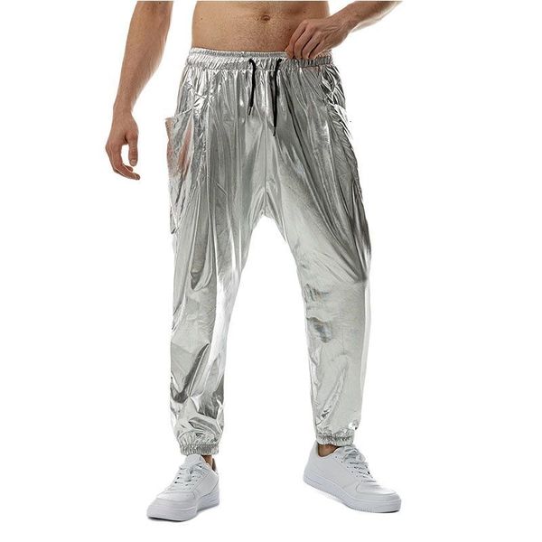 

men's pants shiny silver metallic jogger men 2023 brand 70s disco dance trousers hip hop streetwear casual jogging sweatpants male 2306, Black