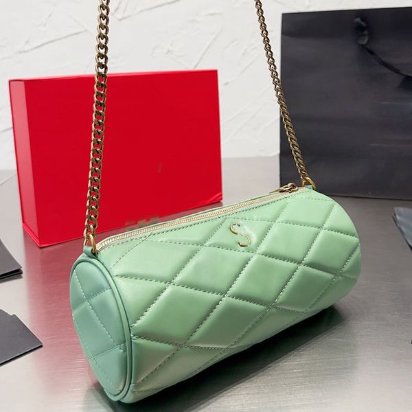 

women designer cylinder bag pillow calfskin leather gold letter metal hardware zipper chain with leather strap cross body shoulder handbag s