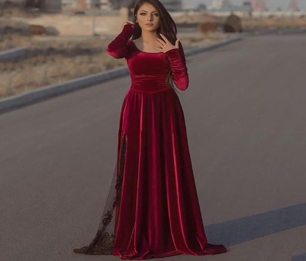 

burgundy velvet caftan evening long sleeve black lace dubai formal party gowns longo prom gowns 20211967852, Black;red