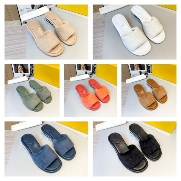 

luxury womens shoes slipper heeled baguette- sandal slide mink fur wool leather fur sandals low-heel cutout metal block heel dress shoes mul, Black