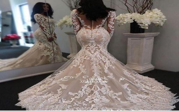 

2019 long sleeves lace mermaid wedding dresses tulle applique court train button back bridal gowns with buttons2138978, White