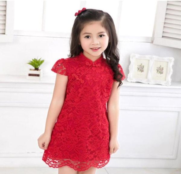 

new arrival summer chinese style dress traditional red lace cheongsam qipao sleeves dress for girls kids princess dresses7297469, Red;yellow