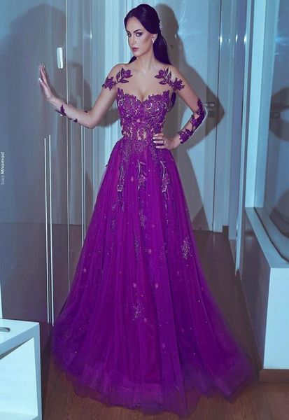 

modest women formal evening dresses with illusion long sleeve purple tulle lace sequins sheer neck 2019 prom gowns dress for pagea8890838, Black;red