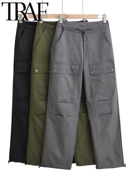 

women's pants s traf casual y2k cargo fall women vintage pleats knee front snap pocket female chic with drawstring sweatpants trouser 2, Black;white