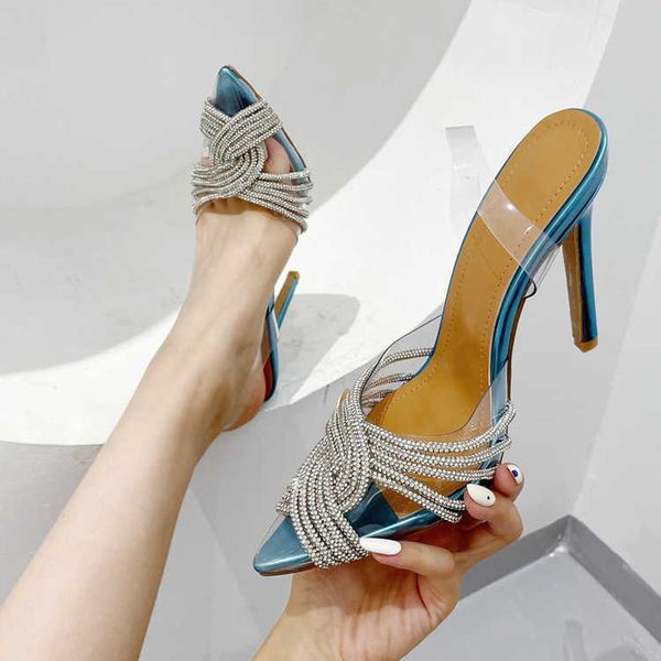 

ladies summer sandals heels autumn new fine heel pointed high water diamond transparent women's 230615, Black