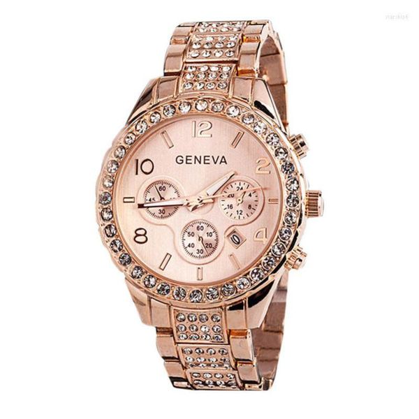 

wristwatches 2023 ladies watches luxury rose gold women's geneva fashion rhinestone stainless steel band quartz horloge dames, Slivery;brown