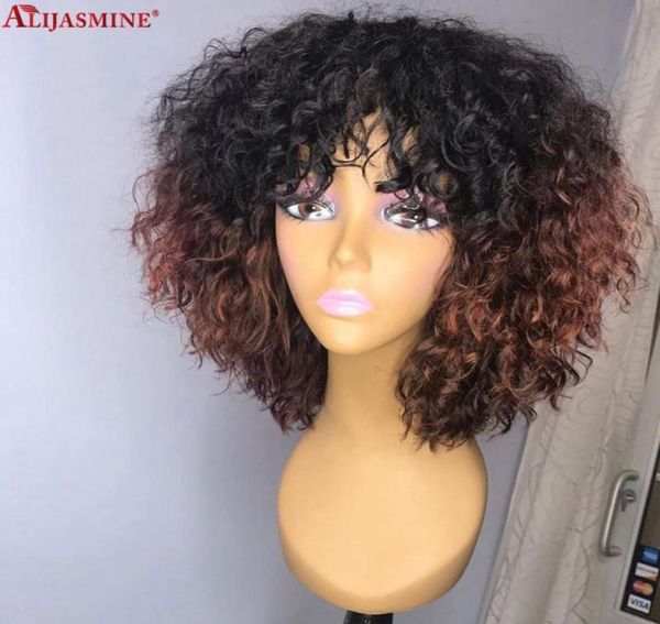 

ombre brown lace front human hair wigs for women short afro kinky curl with bang brazilian remy 13x6 lace front wig 1304213786, Black;brown
