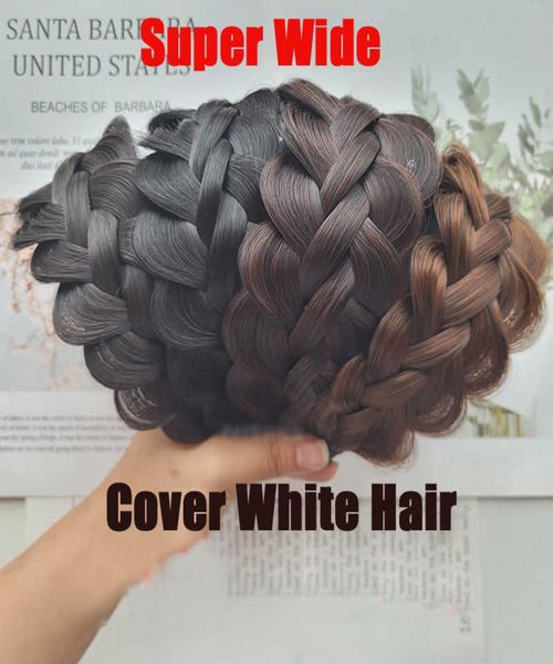 

headband super wide cover white hair large volume hairband fishbone braid wig band with teeth nonslip for women w2210149817318, Black;brown