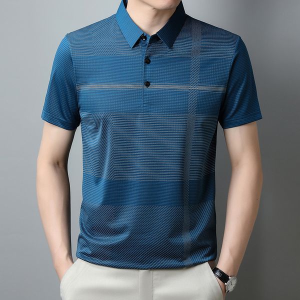 

men's polos solid t shirt for men ice silk plaid short sleeve summer thin loose button stripe printed casual fashion vintage 230630, White;black
