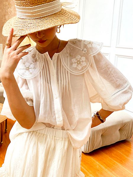 

women's blouses shirts gypsylady elegant chic white blouse shirt loose floral embroidery summer women lantern sleeve beading office lad