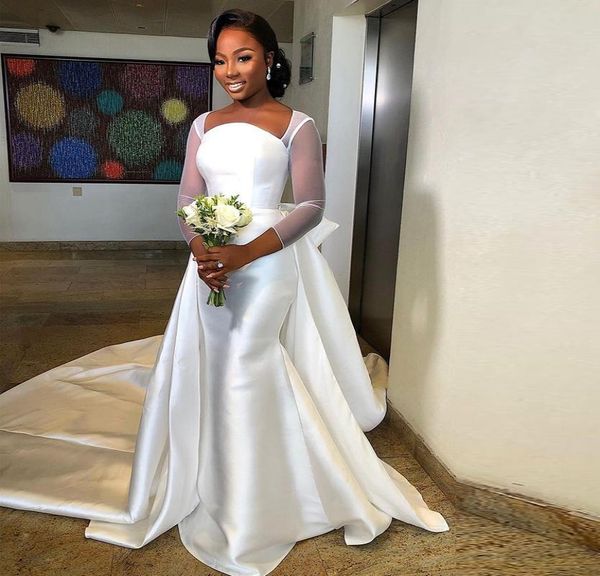 

satin detachable train mermaid wedding dresses see through long sleeve church bridal gown simple africa wedding gowns6468161, White