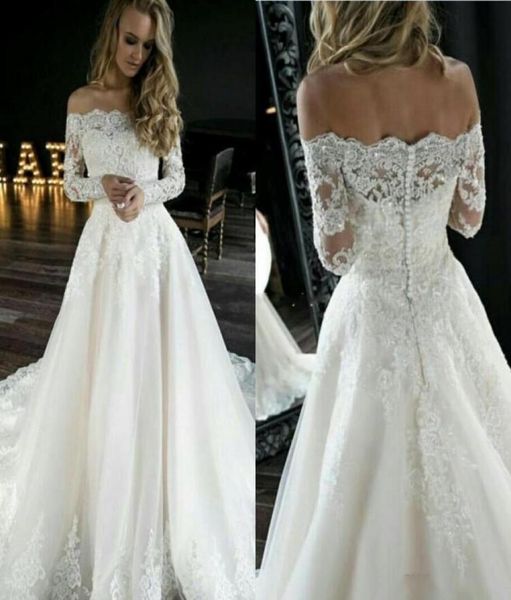 

vintage country wedding dresses 2019 lace off shoulder a line long sleeves button sequins appliques garden bridal gowns vestido de2990404, White