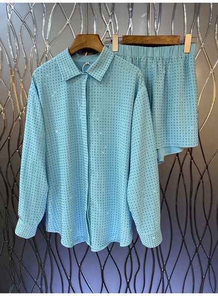

women's tracksuits set 2023 spring summer 2 piece ladies turn down collar allover studs beading long shirts blue short 230630, Gray