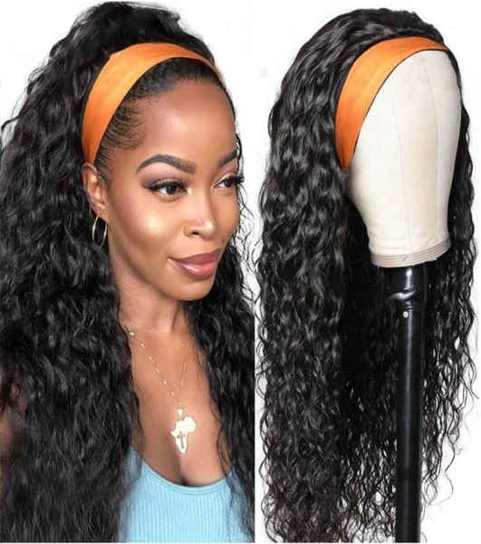 

headband wigs 100 humanhair grip scarf water wave human hair wig no lace plucking for women no glue and sew in4642831, Black;brown