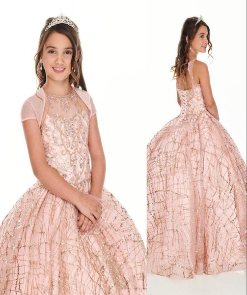 

2021 cute rose gold sequined lace girls pageant dresses crystal beaded blush pink kids prom dress birthday party gowns for little 5631767, White;red