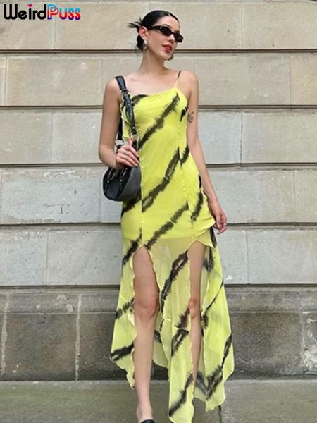 

basic casual dresses weird puss striped print women maxi dress spaghetti straps bandage backless irregular split fashion streetwear party ve, Black;gray